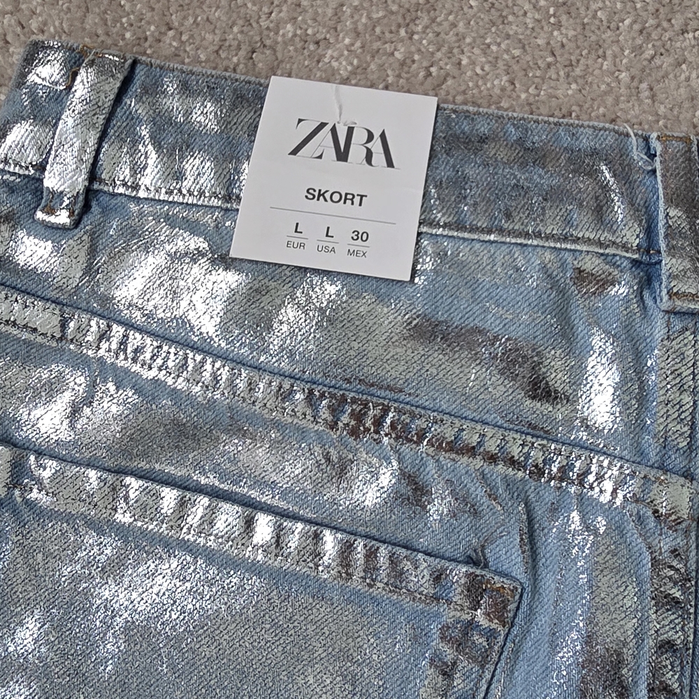 Zara Metallic Light Blue Denim Shorts Skort - Picture 5 of 6